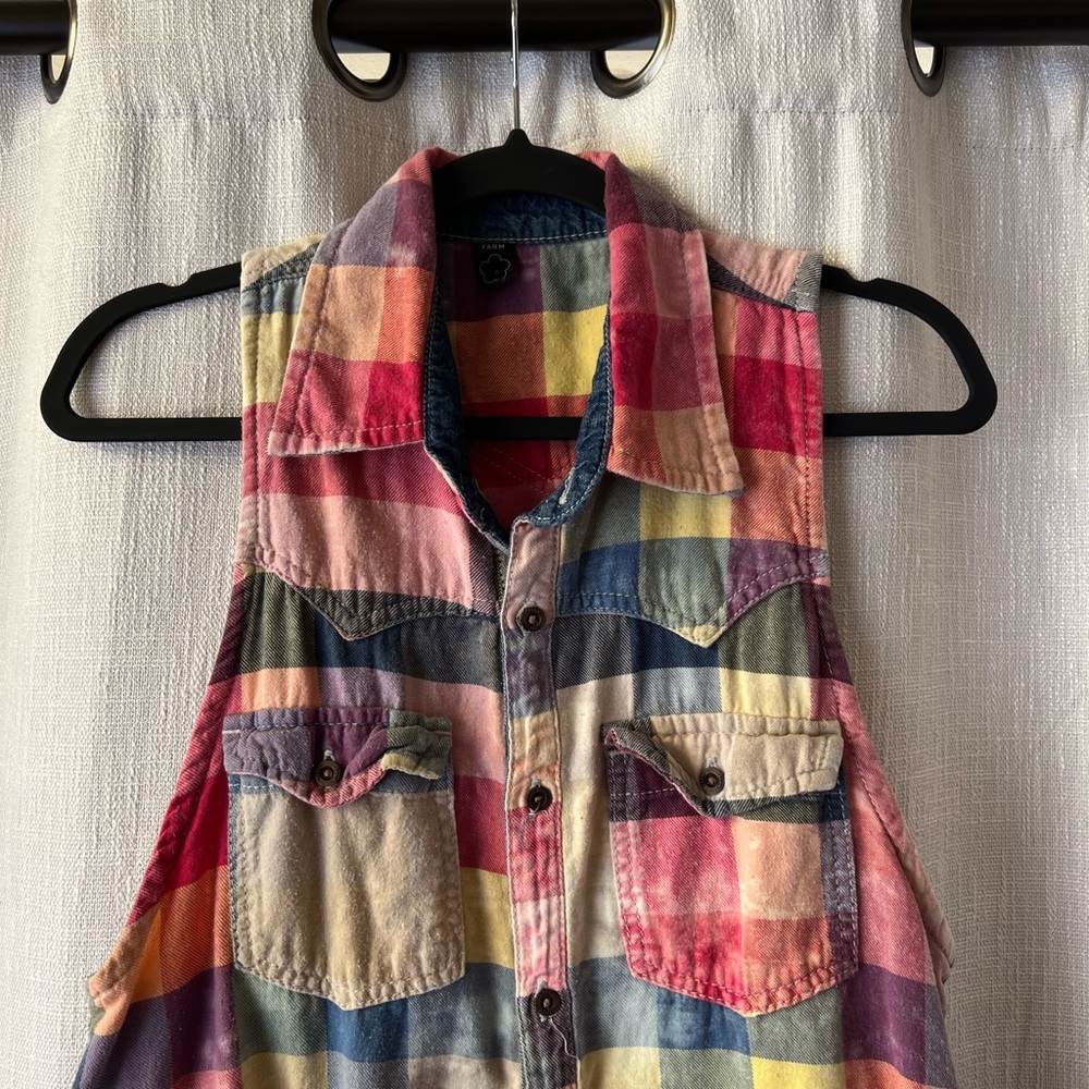 RARE FARM Rio Checkered Stone Wash Button Up Top - Picture 3 of 6